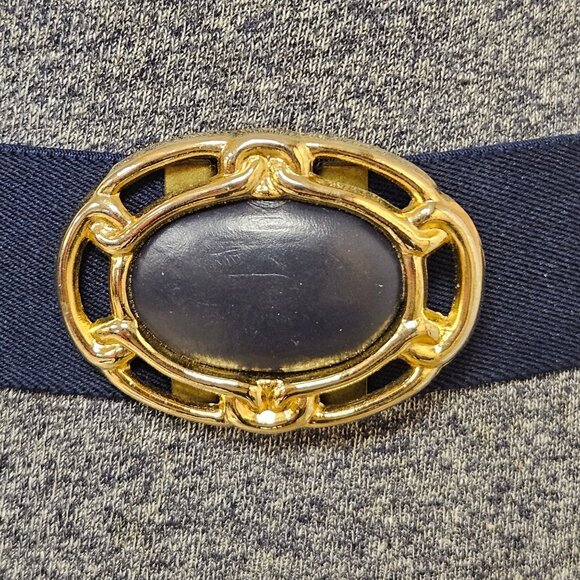 Womens Belt Elastic Cinch Belt Navy Blue Stretch Retro Gold Buckle Statement - Picture 2 of 8